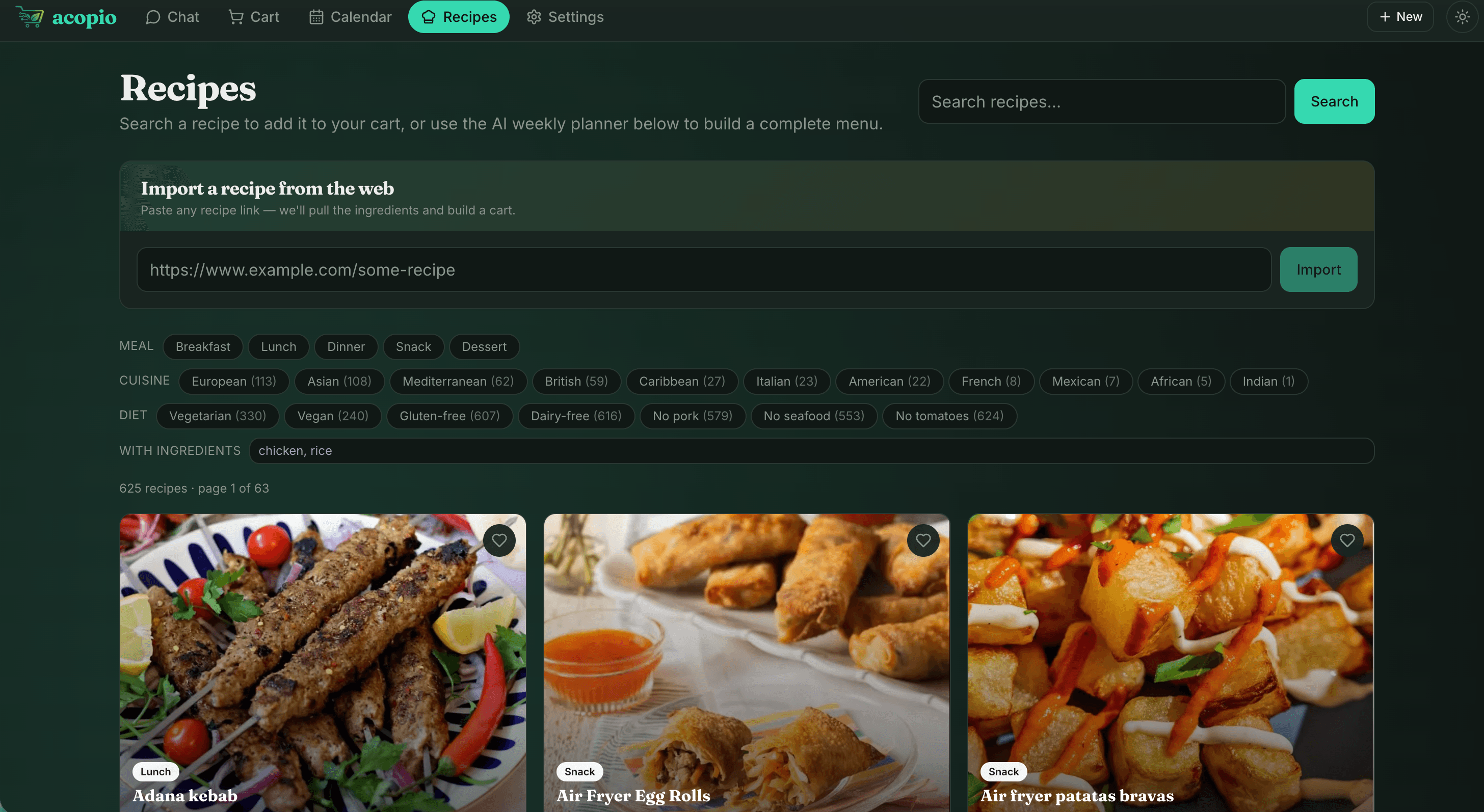 Acopio recetas con filtros por dieta y cocina
